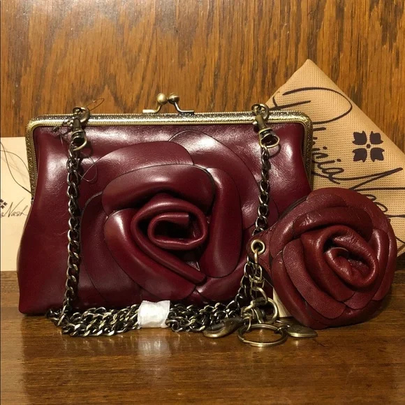NWT-Patricia Nash-SET-Borriana Rose Crossbody &Mirror Fob Bag Charm-Oxblood-$198 - Picture 1 of 16